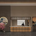Japanese Style Restaurant Interior With Wooden Counter Circular Artwork And Cherry Blossom Decor