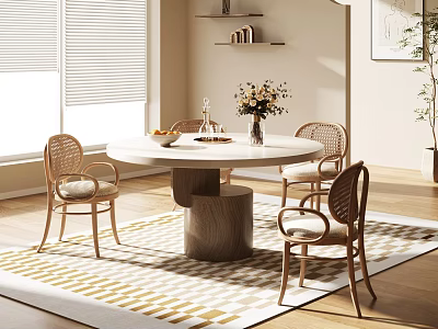 Round Dining Table Set with Rattan Chairs Vase Flowers Fruits by Window Blinds and Rug 3d model