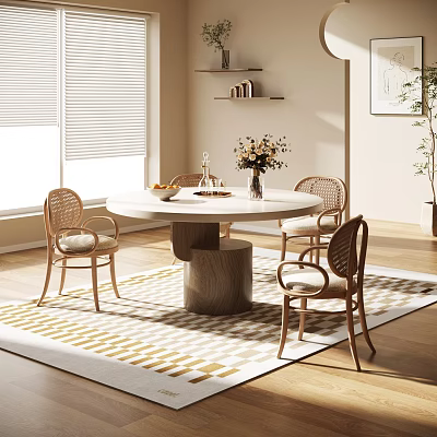 Round Dining Table Set with Rattan Chairs Vase Flowers Fruits by Window Blinds and Rug 3d model