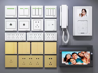 Modern Home Switch Panels With White Gold Switches Sockets Intercom And Video Screen 3d model