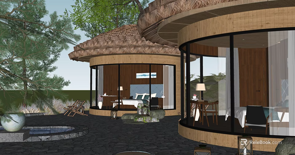 Circular Boutique Villa With Thatched Roof Wooden Structure Large Glass Windows Natural Surroundings Outdoor Pool 3d model 
