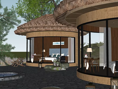 Circular Boutique Villa With Thatched Roof Wooden Structure Large Glass Windows Natural Surroundings Outdoor Pool 3d model