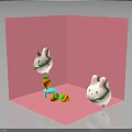 Cute White Rabbit Characters In Pink Cubic Space With Carrot And Colorful Blocks