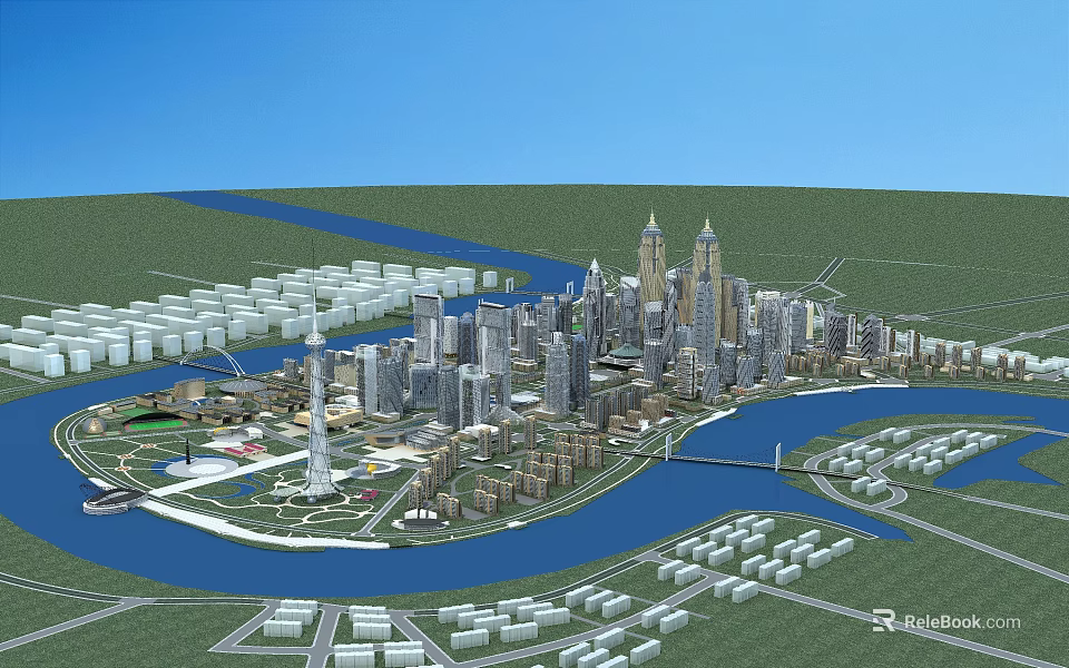 Aerial View Urban Planning With River Skyscrapers Green Spaces And Bridges 3d model 