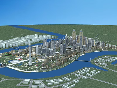 Aerial View Urban Planning With River Skyscrapers Green Spaces And Bridges 3d model