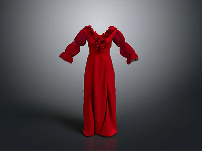 Elegant Red Long Dress With Ruffled Collar And Long Sleeves Design 3d model