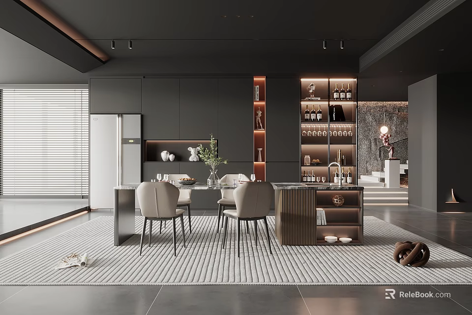 Modern Restaurant Interior With Dining Table Chairs Wine Cabinet And Decorative Plants 3d model 