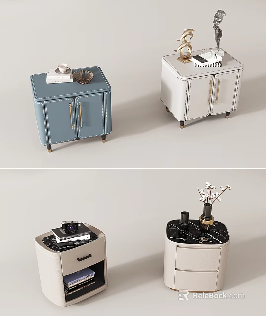 Modern Blue And White Bedside Tables With Cabinet Doors Marble Top And Camera Decor 3d model 