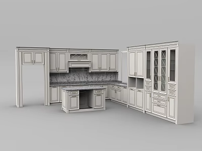 Modern White Kitchen Cabinets With Island Countertop And Glass Door Design 3d model