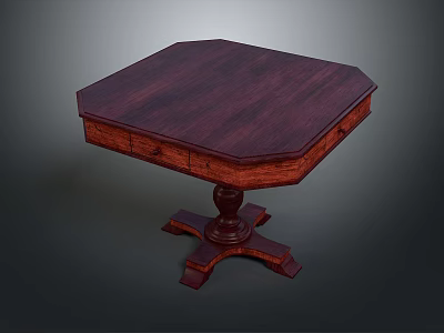 Traditional Octagonal Wooden Table With Dark Brown Tabletop Drawers And Pedestal Legs 3d model