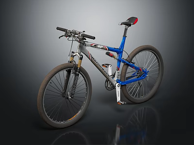 Blue And Black Mountain Bike With Red Saddle And Sturdy Frame Design 3d model