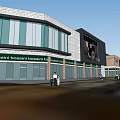 Modern Commercial Street With Glass Facades Storefronts Green Trees And Pedestrian Area