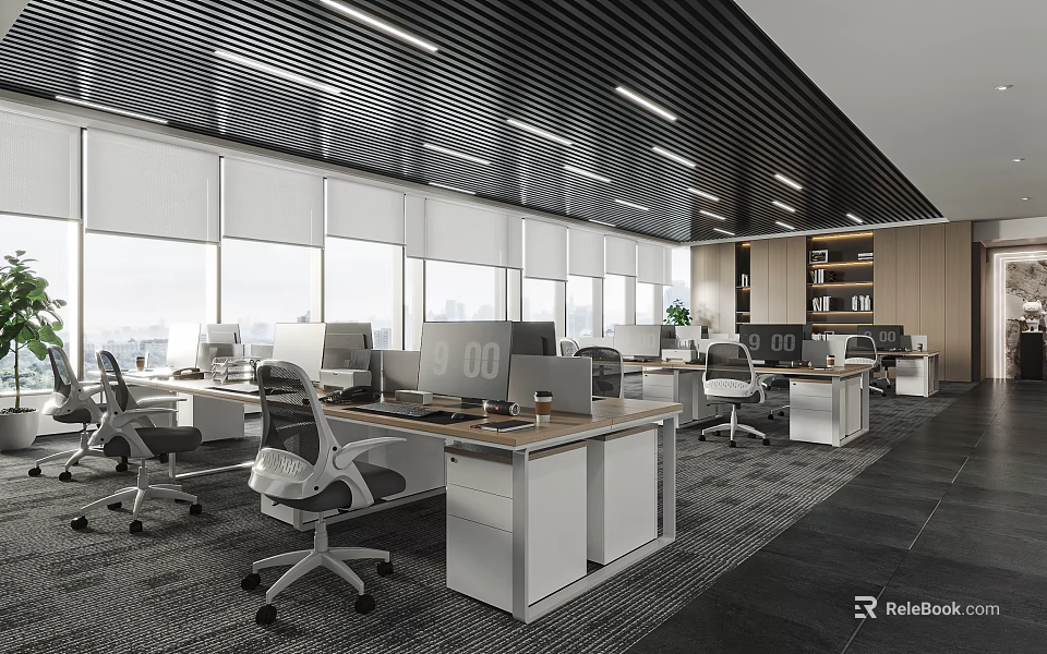 Modern Public Office Area With Open Layout Office Desks Ergonomic Chairs And Large Windows 3d model 
