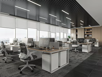 Modern Public Office Area With Open Layout Office Desks Ergonomic Chairs And Large Windows 3d model