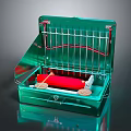 Green Kitchen Appliance Featuring Red Roller And Metal Grid For Dough Pressing
