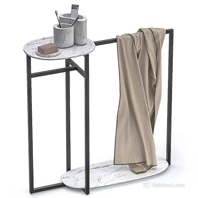 Modern Side Table With Marble Top Black Metal Frame And Hanging Checkered Blanket 3d model 