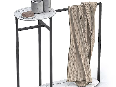 Modern Side Table With Marble Top Black Metal Frame And Hanging Checkered Blanket 3d model