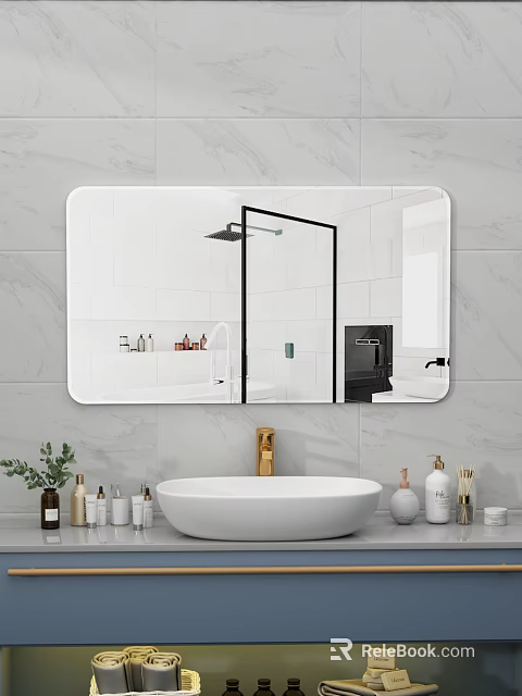 Modern Rectangular Bathroom Mirror Reflecting Shower Area White Tiles And Vanity Products 3d model