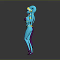 Blue Skinned Game Movie Character With Double Bun Hairstyle Purple Yellow Outfit And Golden Accessories