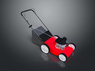 Red Hand Push Lawn Mower With Black Handle Grass Collector And White Wheels 3d model