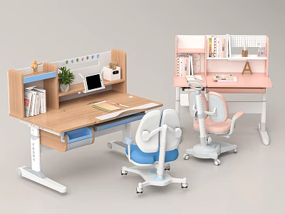 Adjustable Kids Desk With Bookshelf Storage And Ergonomic Chair For Study 3d model