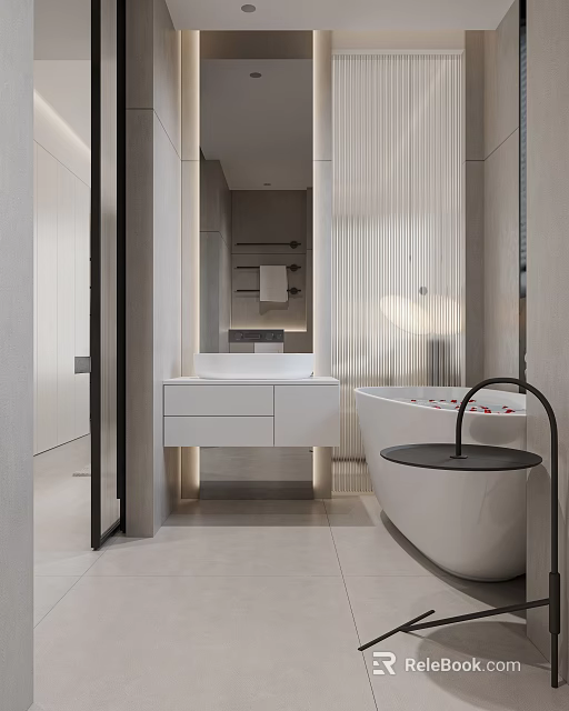 Modern Bathroom Interior With Freestanding Bathtub White Vanity And Large Mirror 3d model 