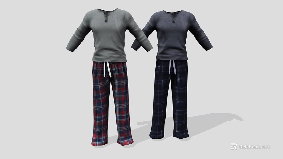 Casual Pajama Sets with Long Sleeve Tops and Plaid Pants Gray Dark Gray 3d model 