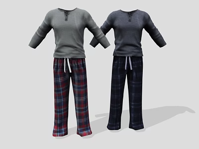 Casual Pajama Sets with Long Sleeve Tops and Plaid Pants Gray Dark Gray 3d model