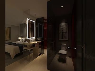 Modern Hotel Room Interior With Bed Bathroom Mirror And Decorative Painting 3d model