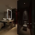 Modern Hotel Room Interior With Bed Bathroom Mirror And Decorative Painting