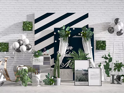 Decorative Event Setup With White Brick Wall Blue White Striped Backdrop Green Plants And Balloons 3d model