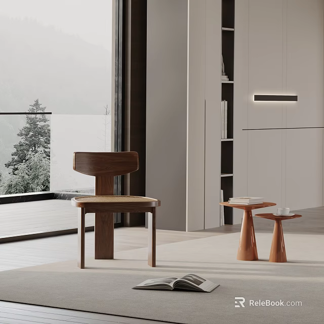 Modern Wooden Dining Chair In Minimalist Interior With Side Tables And Window View 3d model 