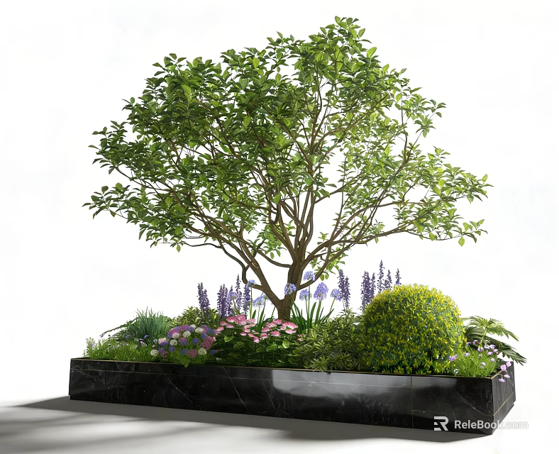 Elegant Plant Combination With Large Tree Purple Pink Flowers Green Shrubs In Black Marble Planter 3d model 