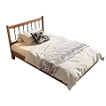 Single Bed With Wooden Headboard White Bed Sheets Patterned Pillow And Bed Runner 3d model