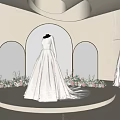 Bridal Shop Display With White Wedding Dresses Arched Mirrors And Floral Decor