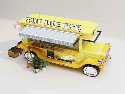 Yellow Fruit Juice Food Truck with Striped Awning Fresh Fruit Baskets and Green Plants 3d model