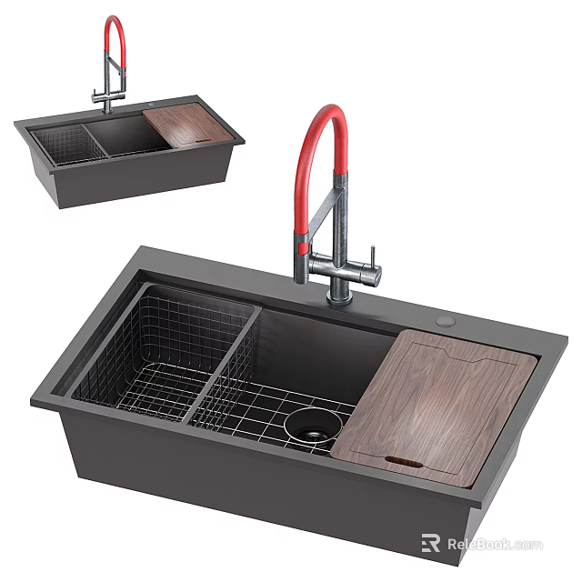 Black Kitchen Sink With Red Faucet Metal Grid And Wooden Cutting Board 3d model 