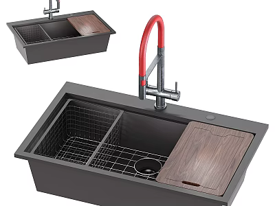 Black Kitchen Sink With Red Faucet Metal Grid And Wooden Cutting Board 3d model