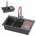 Black Kitchen Sink With Red Faucet Metal Grid And Wooden Cutting Board