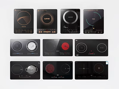 Modern Kitchen Induction Cooktops With Various Designs Black Glass Panels Control Knobs And Heating Zones 3d model