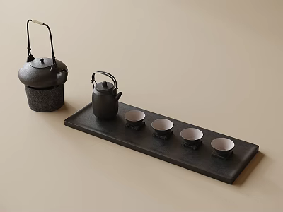 Black Tea Set With Teapot Tea Tray And Four Small Cups 3d model