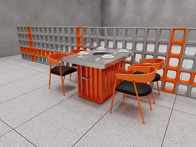 Modern Orange Dining Chairs With Square Table And Gray Background Wall In Dining Space 3d model