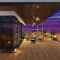 Rooftop Garden With Wooden Flooring Outdoor Furniture Sunset View And Pendant Lights