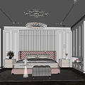 Elegant Luxury Bedroom Interior With Pink Headboard Crystal Chandelier White Walls Nightstands And Area Rug