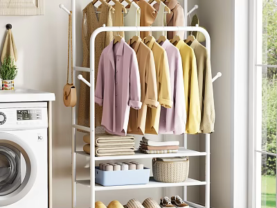 Practical Clothes Rack with Hanging Shirts Folded Towels Books and Shoes in Home Laundry Room 3d model