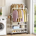 Practical Clothes Rack with Hanging Shirts Folded Towels Books and Shoes in Home Laundry Room