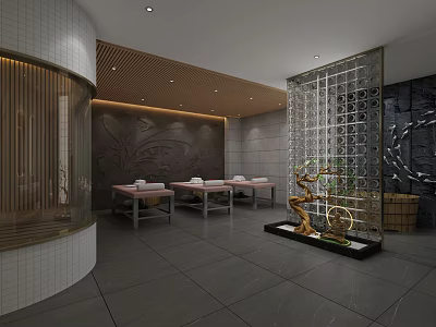 Luxury SPA Sauna Interior Featuring Relaxation Beds Wooden Panels And Warm Lighting Decor 3d model