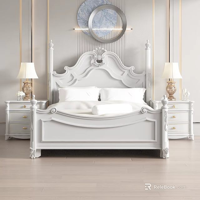 Elegant Classic Bedroom Interior With Carved Bed Frame Nightstands Table Lamps And Decorative Mirror 3d model 