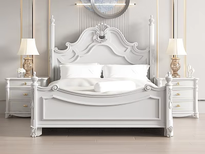 Elegant Classic Bedroom Interior With Carved Bed Frame Nightstands Table Lamps And Decorative Mirror 3d model