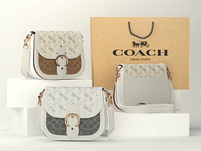 Coach Saddle Bags With Logo Print And Metal Buckles Displayed With Paper Tote Bag 3d model